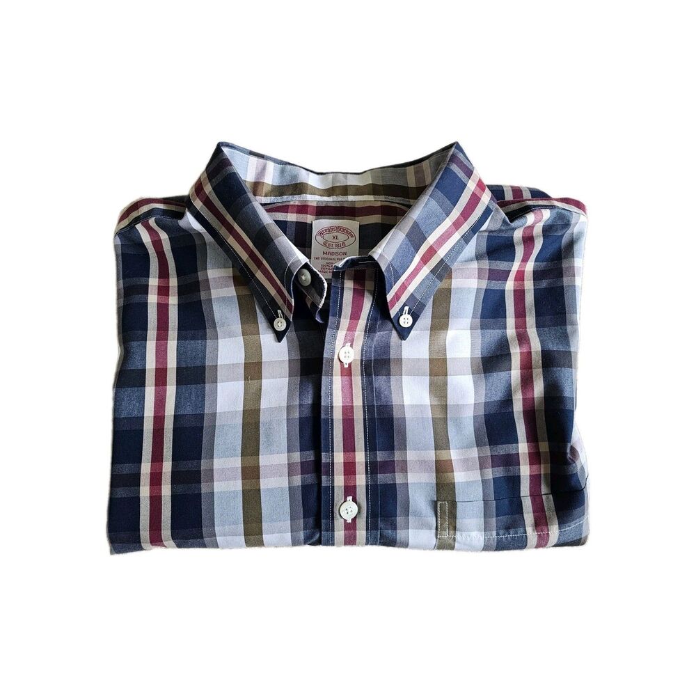 Brooks Brothers Madison XL Plaid Shirt 100% Supima Cotton Fall Navy Olive Cabin